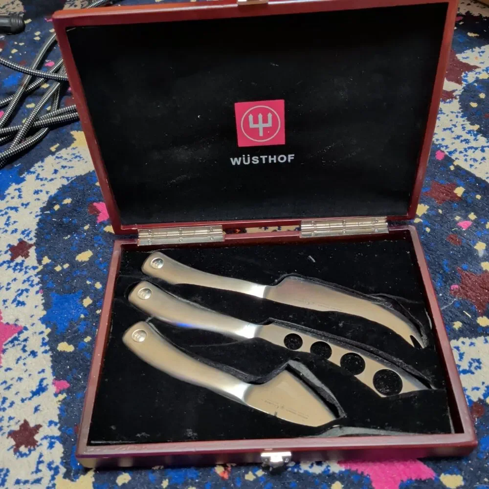 Vintage Wüsthof 3-Piece Cheese Knife Set - Wooden Case - Stainless Steel